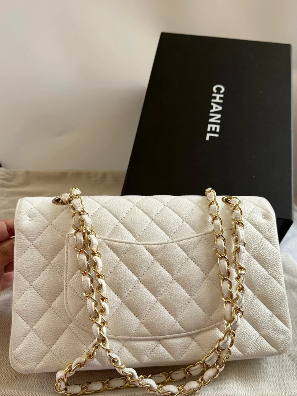 Chanel Classic Double Flap Caviar  white GHW Meduim Size